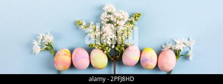 Happy Easter concept. Colorful Easter eggs with spring blooming daffodils and white lilac on a blue background. Banner Stock Photo