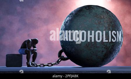 Alcoholism - a gigantic and unmovable weight chained to a vulnerable and suffering person in pain, misery and helplessness. Cold and tragic condition Stock Photo