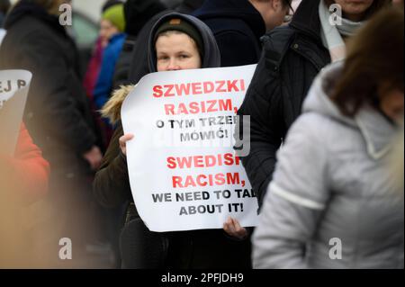 Family and supporters are seen rallying in front of the Swedish embassy in Warsaw, Poland on 17 March, 2023. Mariusz Dworakowski, a 47 year old Polish man arrested in December 2021 by Sweidsh police is currently serving time in jail in Sweden. Family membes say Mariusz was in the wrong place at the wrong time and was forced to remain lying on the street in freezing cold temperatures after suffering physical abuse by police. His family is demanding financial compensation for permanent injuries suffered during the arrest. Swedish authorities deny any wrongdoing by police and say the Mariusz will Stock Photo