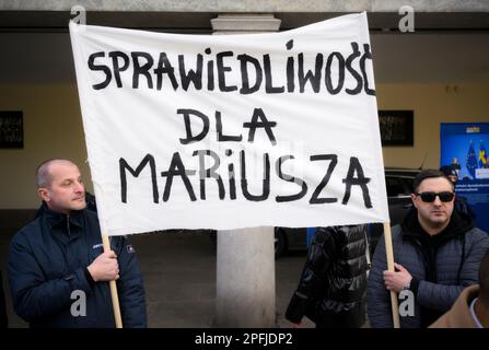 Family and supporters are seen rallying in front of the Swedish embassy in Warsaw, Poland on 17 March, 2023. Mariusz Dworakowski, a 47 year old Polish man arrested in December 2021 by Sweidsh police is currently serving time in jail in Sweden. Family membes say Mariusz was in the wrong place at the wrong time and was forced to remain lying on the street in freezing cold temperatures after suffering physical abuse by police. His family is demanding financial compensation for permanent injuries suffered during the arrest. Swedish authorities deny any wrongdoing by police and say the Mariusz will Stock Photo