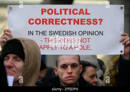 Family and supporters are seen rallying in front of the Swedish embassy in Warsaw, Poland on 17 March, 2023. Mariusz Dworakowski, a 47 year old Polish man arrested in December 2021 by Sweidsh police is currently serving time in jail in Sweden. Family membes say Mariusz was in the wrong place at the wrong time and was forced to remain lying on the street in freezing cold temperatures after suffering physical abuse by police. His family is demanding financial compensation for permanent injuries suffered during the arrest. Swedish authorities deny any wrongdoing by police and say the Mariusz will Stock Photo