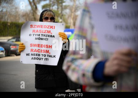 Family and supporters are seen rallying in front of the Swedish embassy in Warsaw, Poland on 17 March, 2023. Mariusz Dworakowski, a 47 year old Polish man arrested in December 2021 by Sweidsh police is currently serving time in jail in Sweden. Family membes say Mariusz was in the wrong place at the wrong time and was forced to remain lying on the street in freezing cold temperatures after suffering physical abuse by police. His family is demanding financial compensation for permanent injuries suffered during the arrest. Swedish authorities deny any wrongdoing by police and say the Mariusz will Stock Photo