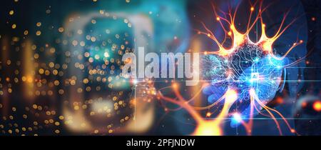 Data science. AI Technology. Businessman touch brain working data and Algorithm of Artificial Intelligence in the future business and coding software Stock Photo