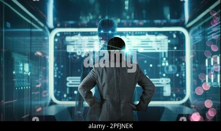 Innovation of futuristic AI, Machine learning, robot and human facing on big data network connection, Data exchange, deep learning, Science and artifi Stock Photo