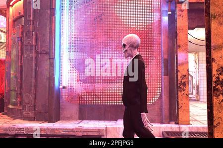 3d illustration of a gray alien wearing a suit walking on a neon lit street at night. Stock Photo