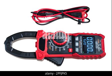 Electrical digital multimeter or test leads isolated on white background. Closeup of black and red current clamp meter with jaws. Pointed probe cables. Stock Photo