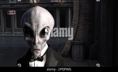3d illustration of the head and shoulders of a gray alien wearing a tuxedo on a dark littered street. Stock Photo