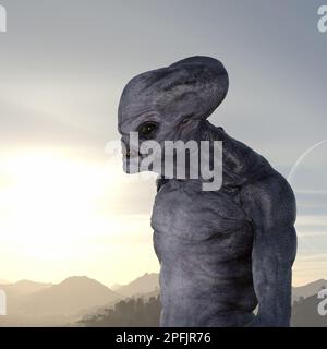 3d illustration of an alien looking into the distance on an exoplanet with the sun setting and a moon rising in the background. Stock Photo