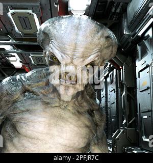 3d illustration of an alien standing in the corridor of a spaceship looking angry. Stock Photo