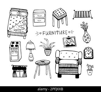 Furniture items, black and white doodle set Stock Vector