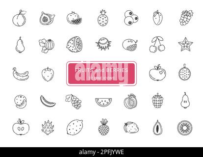 Fruits and berries, 32 cute line vector icons Stock Vector