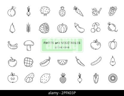 Fruits and vegetables, 32 cute line vector icons Stock Vector