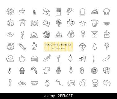 Food and utensils icon set, 60 line vector symbols Stock Vector