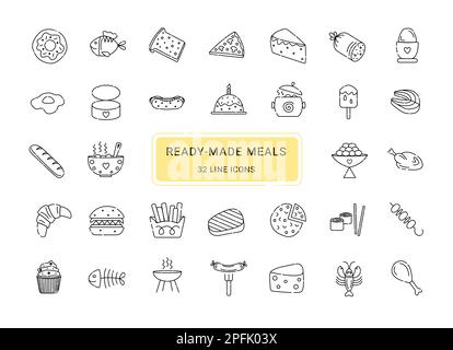 Ready made meals, 32 cute line vector icons Stock Vector