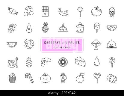 Desserts and fruits, 32 black line vector icons Stock Vector