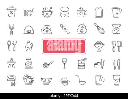 Utensils and cutlery, 32 cute line vector icons Stock Vector