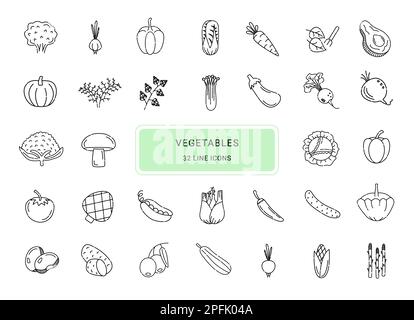 Vegetables, 32 black line vector icons Stock Vector