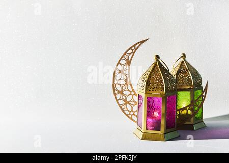 Muslim Holy Month Ramadan Kareem - Ornamental Arabic Lantern With Burning Candle. Stock Photo