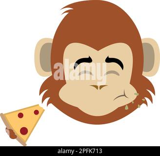 vector illustration cartoon character face of a monkey eating a slice of pizza Stock Vector