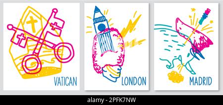 Doodle posters of various symbol cities , Different culture, interesting journey, voyage Stock Vector