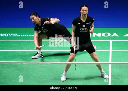 Korea's Kim So Yeong and Kong Hee Yong (left) in action against China's Chen Qing Chen and Jia Yi Fan (not pictured) during day four of the YONEX All England Open Badminton Championships at the Utilita Arena Birmingham. Picture date: Friday March 17, 2023. Stock Photo