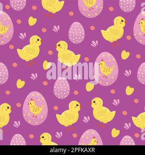 Easter seamless pattern with chicks, violet background Stock Vector