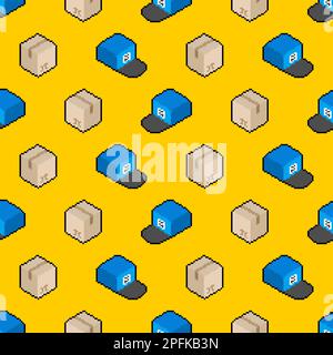Parcel box and postman cap pattern seamless. Concept funny box to send background Stock Vector