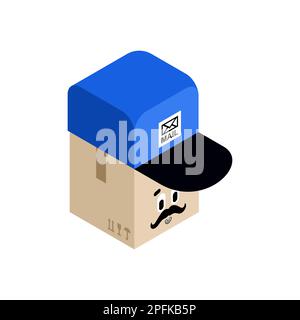 Parcel box in postman cap isolated. Concept funny box to send Stock Vector