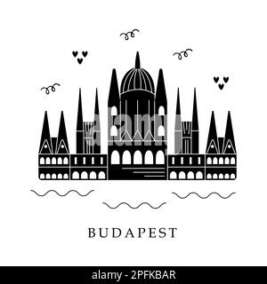 European capitals, Budapest. Black and white illustration Stock Vector