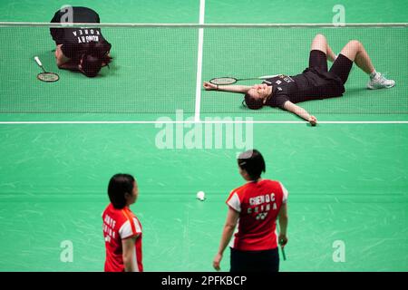 China's Chen Qing Chen (bottom right) and Jia Yi Fan (bottom left) in action against Korea's Kim So Yeong and Kong Hee Yong (top left) during day four of the YONEX All England Open Badminton Championships at the Utilita Arena Birmingham. Picture date: Friday March 17, 2023. Stock Photo