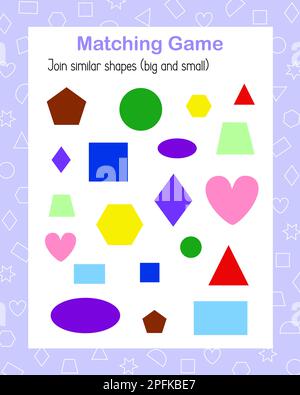 Big and small geometric shapes matching game, colorful images vector illustration, activities for children printable worksheet, educational puzzle, teacher resources Stock Vector