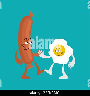 Fried eggs and sausage friends. Friendly breakfast concept Stock Vector