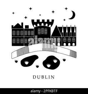European capitals, Dublin. Black and white illustration Stock Vector