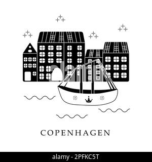 European capitals, Copenhagen. Black and white illustration Stock Vector