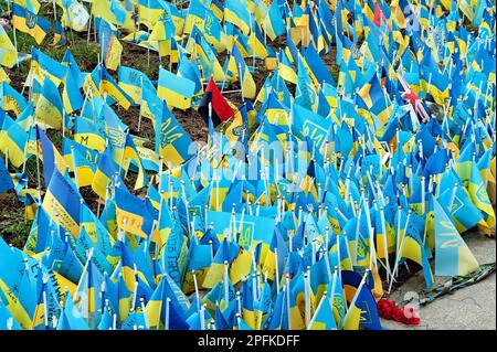 Ukrainian flags with the names of the killed heroes and soldiers of the Ukrainian army on Maidan in Kyiv Ukraine Stock Photo