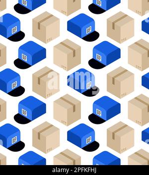 Parcel box and postman cap pattern seamless. Concept funny box to send background Stock Vector