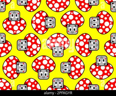 Cute amanita pattern seamless. Cheerful cartoon red mushroom background Stock Vector