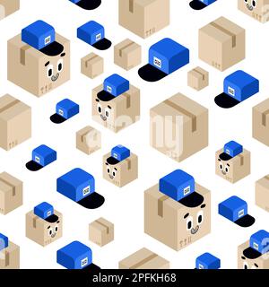 Parcel box and postman cap pattern seamless. Concept funny box to send background Stock Vector