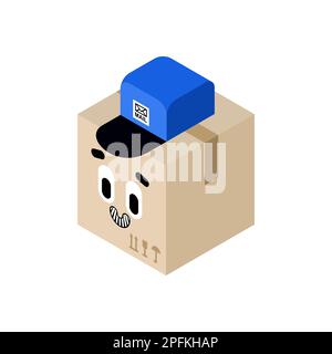 Parcel box in postman cap isolated. Concept funny box to send Stock Vector