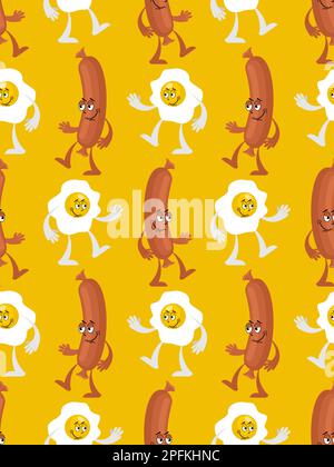 Fried eggs and sausage friends pattern seamless. Friendly breakfast concept background Stock Vector