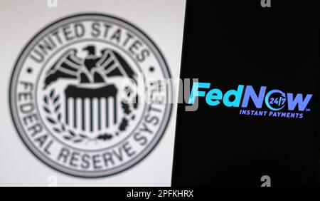 Brazil. 17th Mar, 2023. In this photo illustration the FedNow Service  (Instant Payments) logo seen displayed on a smartphone and Federal Reserve  System of the United States on the background. Credit: SOPA