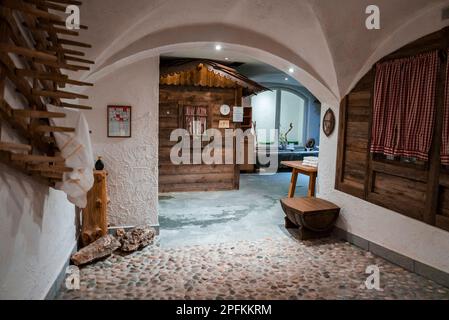 Interior of empty vintage hotel with floor made from stones Stock Photo