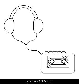Retro cassette player with headphone, doodle style flat vector outline illustration for kids coloring book Stock Vector