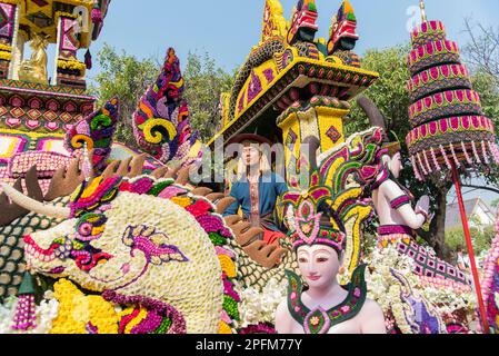 Floral float and participant,  Chiang Mai flower festival parade 2023 Thailand Stock Photo