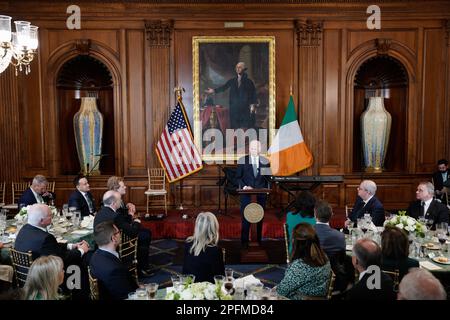 Washington DC, USA. 17th Mar, 2023. United States President Joe Biden makes remarks at the Friends of Ireland Caucus St. Patrick's Day Luncheon at the US Capitol in Washington, DC on March 17, 2023. Credit: Yuri Gripas/Pool via CNP/MediaPunch Credit: MediaPunch Inc/Alamy Live News Stock Photo
