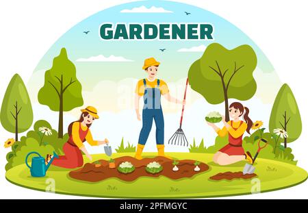 Gardener Illustration with Garden Tools, Farming, Grows Vegetables in Botanical Summer Gardening Flat Cartoon Hand Drawn for Landing Page Templates Stock Vector
