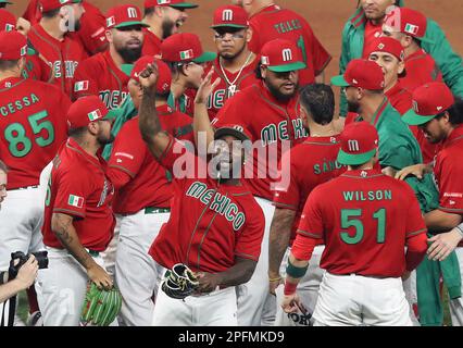 Miami, United States. 17th Mar, 2023. Mexico's Randy Arozarena (56) celebrates after defeating Puerto Rico in the quarter-final game of the 2023 World Baseball Classic in Miami, Florida on Friday, March 17, 2023. Photo by Aaron Josefczyk/UPI Credit: UPI/Alamy Live News Stock Photo