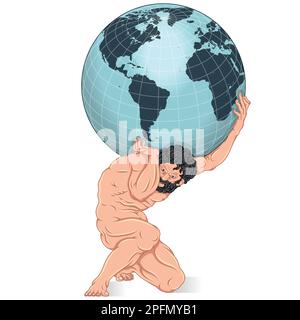 Vector design of the titan Atlas holding the planet earth on his shoulders, titan from Greek mythology holding the earth sphere. Stock Vector
