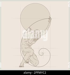 Vector design of titan Atlas holding a sphere, sketch drawing of atlas with gold spiral Stock Vector