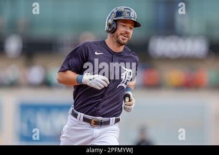 MARCH 16, 2023, Lakeland FL USA; Detroit Tigers catcher Andrew Knapp (54) homers in the bottom of the fourth inning during an MLB spring training game Stock Photo